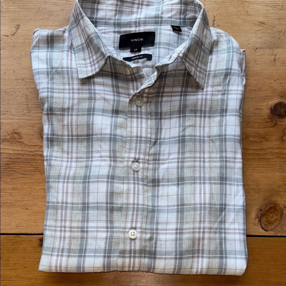 Vince Men's Plaid Dress Shirt - Cream and Gray Small - Picture 8 of 8